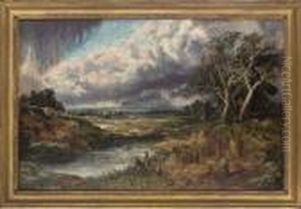 Anglers And Farm Workers Beside A Pool In An Extensive Landscape - view 1