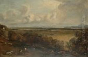 An Extensive Landscape With Cows
And Sheep Grazing In The Foreground, A View To Mountains In The
Distance by John Constable