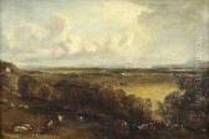 A Panoramic View Of A River Valley With Cattle In Theforeground by John Constable
