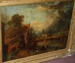 Figures By A Mill, A Church Beyond by John Constable