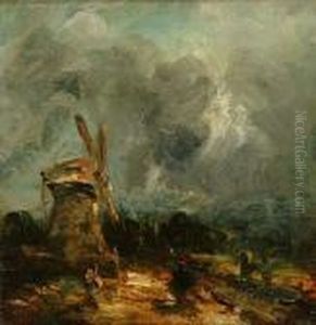 Extensive Landscape With Figure And Windmill In The Foreground by John Constable