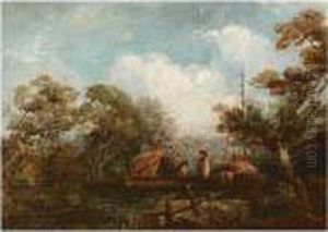 River Landscape With Figures On A Barge by John Constable