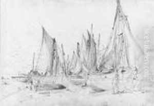 Beached Fishing Smacks At Low
Tide, Brighton, With Fishermensorting Their Nets In The Foreground
(recto); And Study Of Afishing Boat (verso) by John Constable