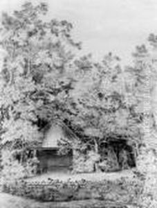 A Labourer Approaching A Thatched Pavilion In A Garden