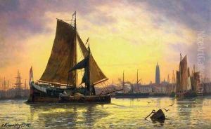 Barges Docking at a Harbour, Antwerp by Charles Euphraisie Kuwasseg