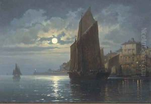 Vessels at their moorings under moonlight