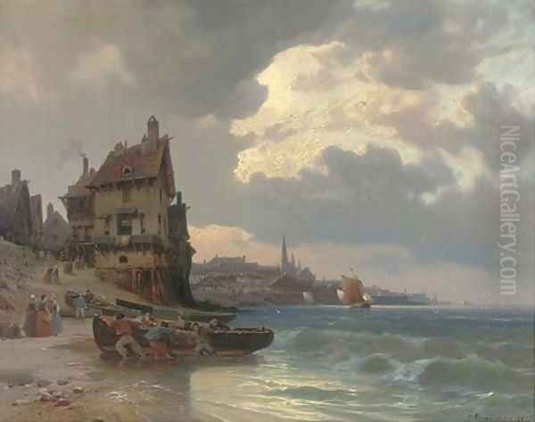 Dragging a fishing boat ashore by a French port - view 1