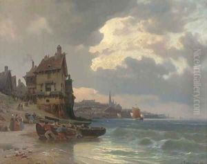 Dragging a fishing boat ashore by a French port