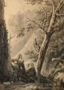 Trois Moines En Priere Dans La Foret by Jean Antoine Constantin D'Aix