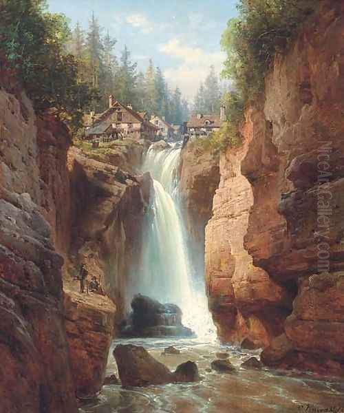 Anglers at an Alpine gorge - view 1