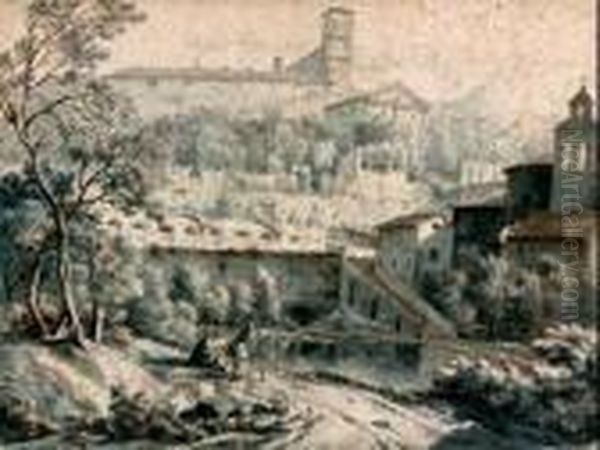 Personnages Au Bord D'une Riviere Au Pied D'une Ville Fortifiee - view 1