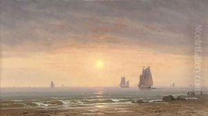 Fishing vessels off the coast at dusk by Charles Euphraisie Kuwasseg