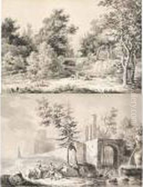 Promeneurs Et Lavandieres Dans Un Paysage De Riviere - view 1