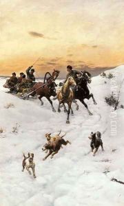 Figures in a Horse drawn Sleigh in a Winter Landscape by Bodhan Von Kleczynski