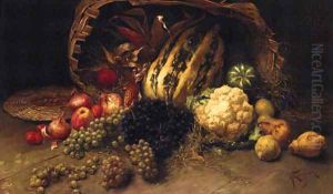 Grapes, Apples, Pears, Onions, Cauliflower And Marrows Beside An Upturned Basket On A Table by Franck Kirchbach