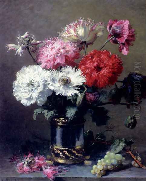 Poppies In A Metal Vase With A Bunch Of Grapes On A Table - view 1