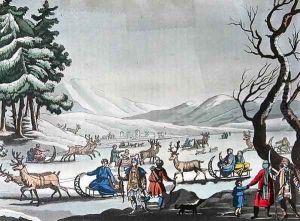 Tungus leaving their winter camp on sleighs pulled by reindeer by E. Karnejeff