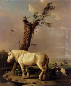 A Pony, Goat And Resting Cattle In A Landscape by Jan Kobell