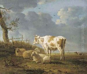 A pastoral landscape with a cow and sheep by a tree by Jan Kobell