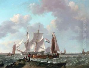 Ships in a Squall with Figures on the Shore