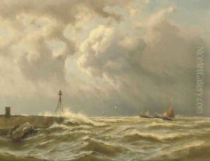 Sailing ships and a paddle steamer by a coast