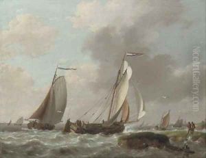 Shipping by a coast in a brisk wind by Johannes Hermanus Koekkoek Snr