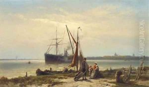 A steamship anchored in a river by Johannes Hermanus Koekkoek Snr