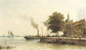 Aan de kade a steamship passing the Groot Hoofd, Dordrecht by Johannes Hermanus Koekkoek Snr