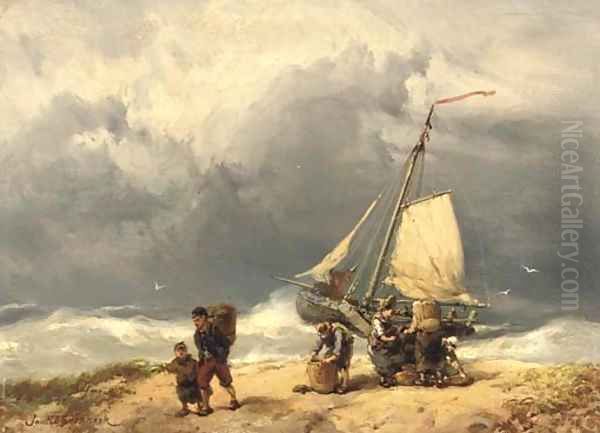 Fisherfolk on a windswept beach - view 1