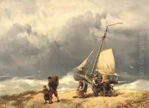Fisherfolk on a windswept beach by Johannes Hermanus Koekkoek Snr