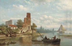 Fishermen near a ruin on a riverbank Fishermen near a ruin on a riverbank