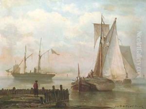 Sailing vessels and a steamship on a calm by Johannes Hermanus Koekkoek Snr