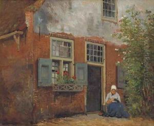 Sewing on the doorstep by Johannes Hermanus Koekkoek Snr
