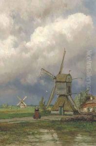 Windmills in a Dutch polder landscape by Johannes Hermanus Koekkoek Snr