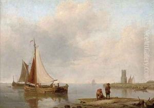 Barges in a calm off the Dutch coast by Johannes Hermanus Koekkoek Snr