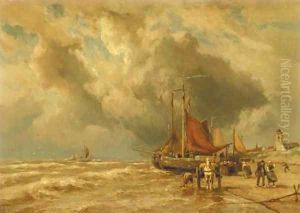 Beached bomschuiten on the coast of Katwijk aan Zee by Johannes Hermanus Koekkoek Snr