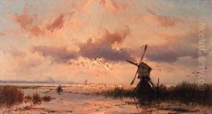 Lakeside with setting sun by Johannes Hermanus Koekkoek Snr