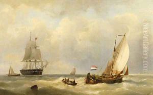 Sailors in a rowingboat approaching a three-master at sea