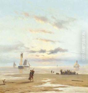 Sunset at Scheveningen beach by Johannes Hermanus Koekkoek Snr