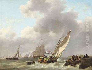 A busy day on the water near a jetty by Johannes Hermanus Koekkoek Snr