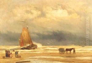 A coastal scene with a shell fisher, fishmongers and a bomschuit in the surf by Johannes Hermanus Koekkoek Snr