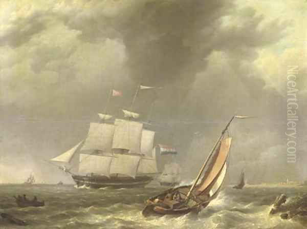 A frigat under sail by a coast - view 1