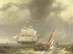 A frigat under sail by a coast by Johannes Hermanus Koekkoek Snr