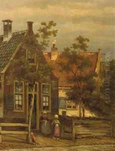 Dutch street scene with mother and child by Johannes Hermanus Koekkoek Snr