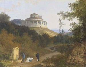 An extensive landscape with peasants and a priest by a fountain, a circular basilica on a hill beyond by Joseph Augustus Knip