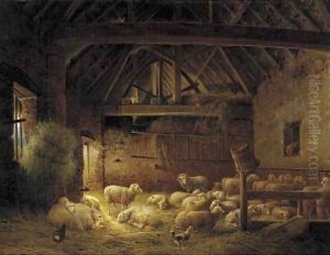 A flock of sheep in a stable by Joseph Augustus Knip