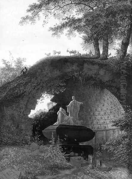 A Classical Tombbeneath a ruined antique Vault in a Landscape with Goats, and a Shepherd playing with his Dog by Joseph Augustus Knip