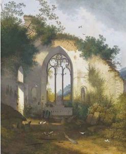 A ruined chapel with a pig sty, poultry and a peacock sheltering in the apse
