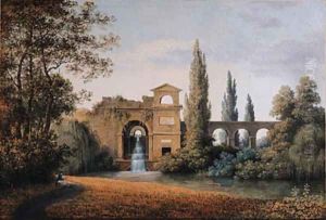 A View of an Aqueduct with an artificial Waterfall, a seated draughtsman in the foreground by Joseph Augustus Knip