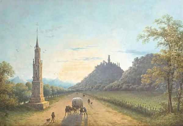 A view of the road from Bonn to Bad Godesberg in Germany at sunset, with a gothic monument on the left and the ruins of Godesberg castle - view 1
